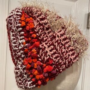 Handmade Crochet Chunky Ribbed Upcycled Multi Fiber Scrappy Yarn Beanie Hat